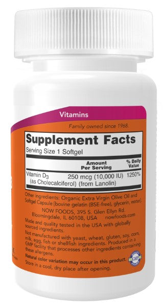 Vitamin D-3 10,000 IU 120 Softgels, by Now