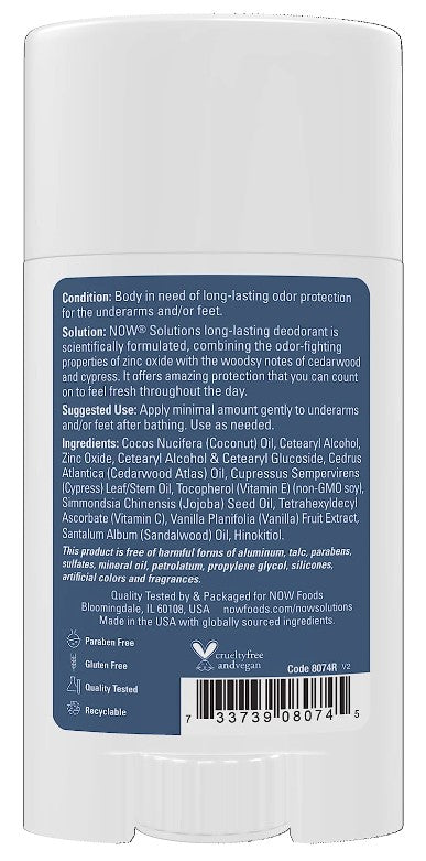 Long-Lasting Deodorant Stick, Cedarwood + Cypress, 2.2 oz (62g), by Now Solutions