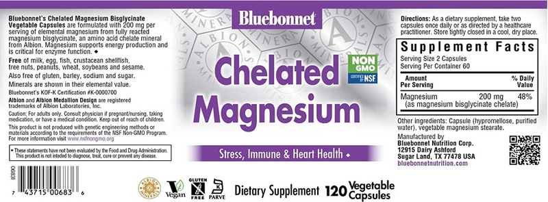 Chelated Magnesium 200 mg, 120 Vegetable Capsules, by Bluebonnet