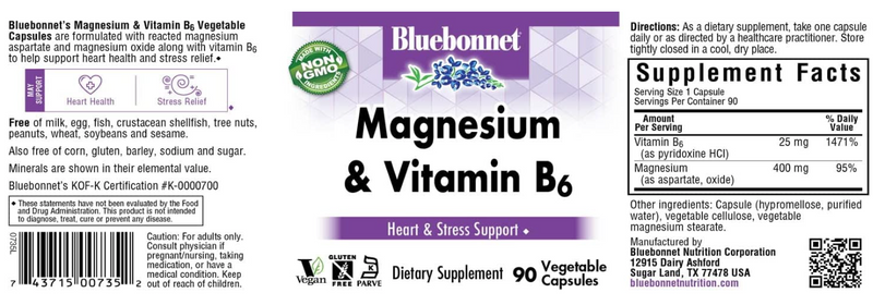 Magnesium & B6, 400 mg 90 Vegetable Capsules, by Bluebonnet