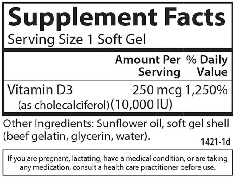 Vitamin D3, 10,000 IU (250 mcg), 120 Soft Gels, by Carlson