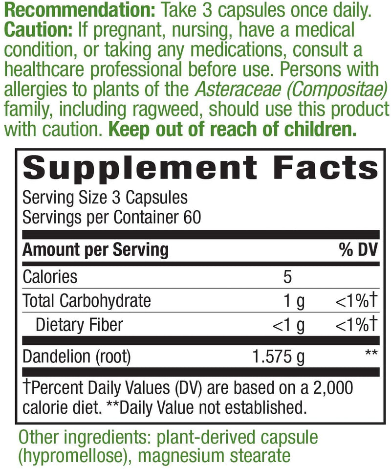 Dandelion Root 525 mg 180 Vegetarian Capsules