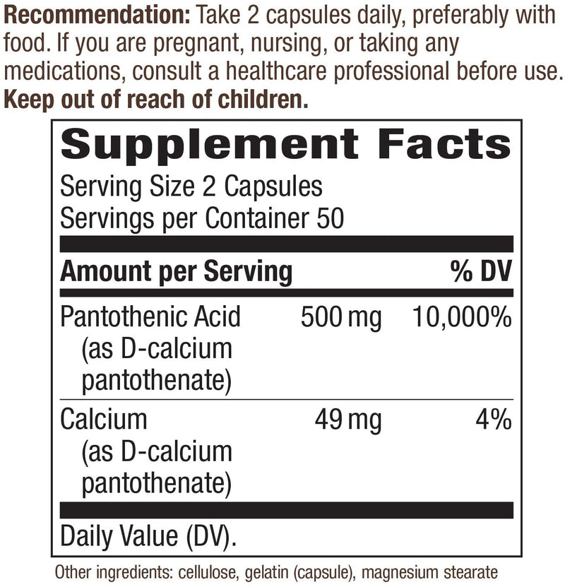 Pantothenic Acid 250 mg 100 Capsules