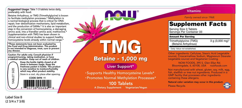 TMG Betaine 1,000 mg 100 Tablets